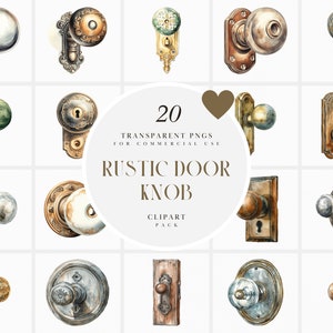 Puede incluir: Un conjunto de 20 ilustraciones de acuarela de pomos de puerta rústicos. Los pomos son de varios estilos y acabados, incluyendo latón, plata y madera. Las ilustraciones son perfectas para usar en scrapbooking digital, creación de tarjetas y otros proyectos de manualidades.