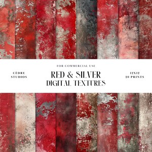 May include: Twenty digital textures in red and silver tones. The textures are distressed and have a worn look. The textures are 12x12 inches and are for commercial use.  The text "CEDRE STUDIOS" and "RED & SILVER DIGITAL TEXTURES" is visible in the image.
