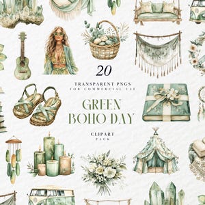 May include: Watercolor clipart pack featuring a green boho theme. Includes illustrations of a guitar, sandals, a VW van, a peace sign, a dreamcatcher, and other bohemian elements. The text reads "Green Boho Day Clipart Pack".