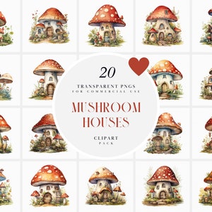 Clipart della casa dei funghi dell'acquerello, casa dei funghi fantasy, cabina dei funghi stravagante, cottage dei funghi magici, PNG trasparente, uso commerciale