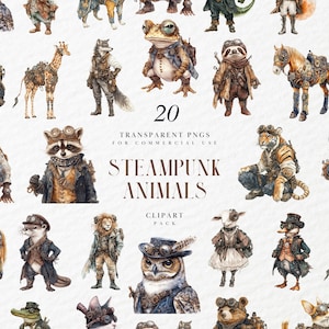 Clipart animaux steampunk aquarelle, mécanique lapin hibou raton laveur, créatures rétro-futuristes, engrenages en laiton, PNG Transparent, usage Commercial