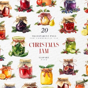 Clipart di marmellata natalizia ad acquerello, conserve fermentate in barattolo, marmellata, sottaceto, decorazioni da cucina, crema spalmabile dolce, PNG trasparente, uso commerciale