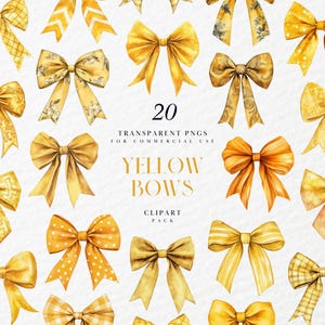 Clipart de lazo amarillo de acuarela, clipart de lazos para el cabello, clipart de cinta amarilla, clipart de envoltura de regalos, gráficos PNG transparentes, uso comercial