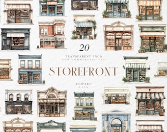 Watercolor Storefront Clipart, Boutique Facade, Bookstore Teashop Street Scene, Historic Town Decor, Transparent PNG Graphic, Commercial Use