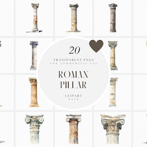 Puede incluir: Un conjunto de 20 ilustraciones de acuarela de pilares romanos en varios estilos. Las ilustraciones están en un esquema de color marrón claro y gris y son perfectas para agregar un toque de historia y elegancia a tus diseños.