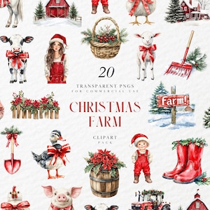 Clipart ferme de Noël aquarelle, scène de grange de vacances rustique, animaux de la fête, campagne enneigée, graphiques PNG transparents, usage Commercial