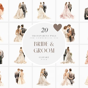 Aquarell Braut und Bräutigam Clipart, Hochzeit Paar Clipart, Braut Hochzeit Einladung Clipart, Kartenherstellung, PNG-Format für kommerzielle Nutzung