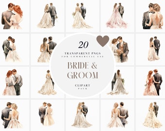Watercolor Bride and Groom Clipart, Wedding Couple Clipart, Bridal Wedding Invitation Clipart, Card Making, PNG Format for Commercial Use