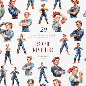 Clipart aquarelle rosie riveteuse, femme forte, affiche d'art Girl Power, femme rétro, nous pouvons le faire, graphiques PNG transparents, usage commercial