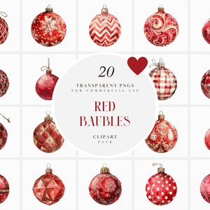 May include: Twenty red Christmas ornaments with various patterns and designs, including snowflakes, polka dots, plaid, and geometric shapes. The ornaments are watercolor illustrations on a white background.