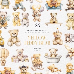 Watercolor Yellow Teddy Bear Clipart, Soft Boho  Toy, Baby Shower Decor, Gender-Neutral Nursery, Transparent PNG Graphics, Commercial Use