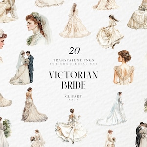 Clipart ritratto sposa vittoriana acquerello, Clipart vintage anni 1800, matrimonio, moda sposa retrò, grafica PNG trasparente, uso commerciale