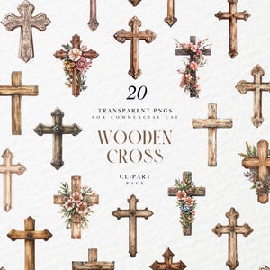 Clipart di croce in legno ad acquerello, simbolo religioso rustico per Pasqua, decorazione per battesimo, elemento di fede naturale, PNG trasparente, uso commerciale