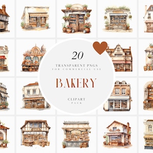 Aquarell gemütliche Bäckerei Clipart, Landschaft französische Bäckerei Clipart, Bäckerei Shop Storefront Clipart, transparente PNG Grafiken, kommerzielle Nutzung