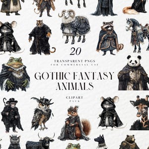 Clipart de animales de fantasía gótica en acuarela, criatura mística, decoración de bestias espeluznantes, estética oscura de brujería, PNG transparente, uso comercial