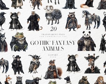 Watercolor Gothic Fantasy Animals Clipart, Mystical Creature, Spooky Beast Decor, Witchcraft Dark Aesthetic, Transparent PNG, Commercial Use