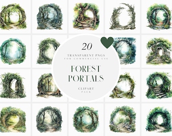 May include: A set of 20 watercolor illustrations of forest portals. Each image features a circular opening in a lush green forest, with paths leading into the unknown. The images are perfect for adding a touch of magic and whimsy to your designs.