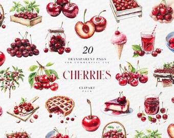 Watercolor Cherries Clipart, Cherry Clipart, Cherry Fruit Berries Clipart, Red Cherries, PNG Format for Commercial Use, Instant Download