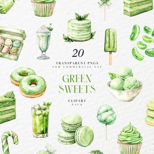May include: A watercolour illustration of various green sweets, including cakes, donuts, ice cream, and macarons. The image features the text "20 Transparent PNGs for Commercial Use" and "Green Sweets Clipart Pack".