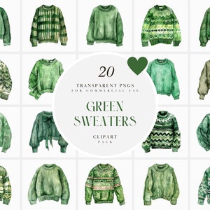 Clipart maglione verde acquerello, clipart maglioni verdi, maglione lavorato a maglia, maglione all'uncinetto, maglione fatto a mano, PNG trasparente, uso commerciale