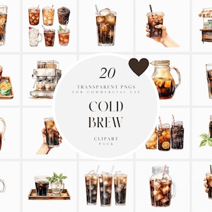 Pode incluir: Um conjunto de 20 ilustrações de aquarela de café frio. As ilustrações incluem vários estilos de copos, canecas, jarras e frascos cheios de café frio. Algumas ilustrações apresentam cubos de gelo, grãos de café e uma cafeteira.