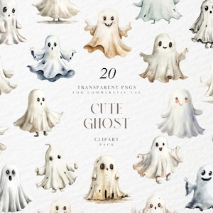 Puede incluir: Veinte ilustraciones de acuarela de lindos fantasmas en varias poses. Los fantasmas son blancos con diferentes tonos de gris y marrón. Las ilustraciones están sobre un fondo blanco con el texto "20 TRANSPARENT PNGS FOR COMMERCIAL USE CUTE GHOST CLIPART PACK".