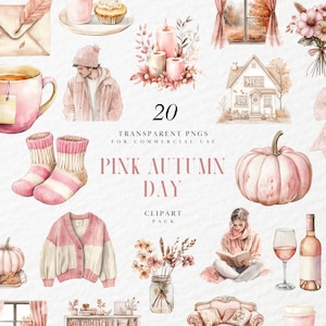 Clipart de un acogedor día de otoño en acuarela, con temática rosa neutra, saludos otoñales, floral, pegatina digital, gráficos PNG transparentes, uso comercial