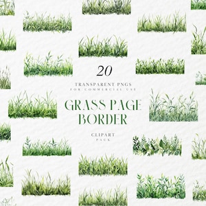 Könnte beinhalten: Eine Sammlung von 20 transparenten PNGs mit Aquarell-Grasrändern. Die Ränder zeigen verschiedene Grüntöne von Gras und Blättern, ideal für die kommerzielle Nutzung. Der Text lautet "GRASS PAGE BORDER" und "CLIPART PACK".