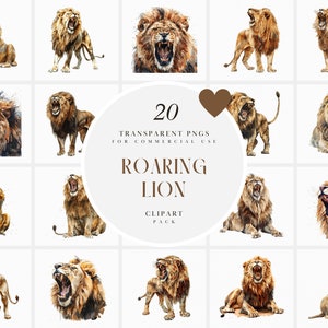 Clipart di leone ruggente ad acquerello, leonessa ruggente, orgoglio, animali della savana, zoo safari, fauna selvatica africana, PNG trasparente, uso commerciale