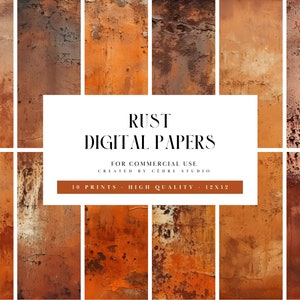 Peut inclure: Dix papiers numériques avec des textures de métal rouillé dans des tons d'orange, de brun et de rouge. Les papiers mesurent 12x12 pouces et sont destinés à un usage commercial.