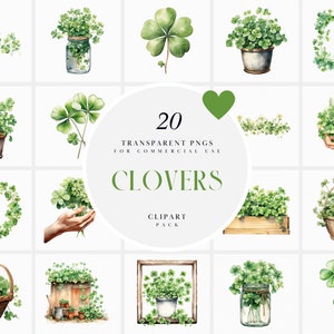 Aquarel groene klaver clipart, Lucky Clover clipart, Four Leaf, Three Leaf, St Patricks Day clipart, transparante png, commercieel gebruik