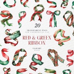 Könnte beinhalten: Aquarell-Clipart-Paket mit 20 transparenten PNGs von roten und grünen Bändern. Die Bänder haben verschiedene Formen, darunter Schleifen und fließende Designs, mit dekorativen Mustern. Der Text "RED & GREEN RIBBON" ist zu sehen.
