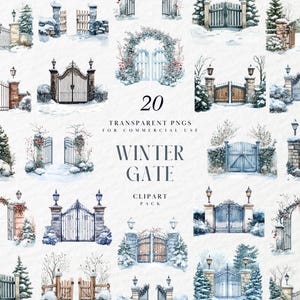 Puede incluir: Paquete de imágenes prediseñadas de acuarela con 20 PNG transparentes de puertas de invierno. Las puertas se representan en varios estilos, incluyendo diseños arqueados, de madera y de hierro forjado, todo en un paisaje nevado. El texto "Winter Gate Clipart Pack" también es visible.