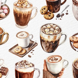 May include: A watercolor illustration of various mugs filled with hot chocolate, some topped with whipped cream, marshmallows, or chocolate shavings. The mugs are surrounded by chocolate pieces and cookies.