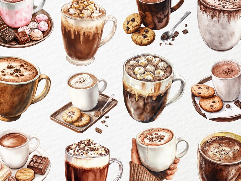 May include: A watercolor illustration of various mugs filled with hot chocolate, some topped with whipped cream, marshmallows, or chocolate shavings. The mugs are surrounded by chocolate pieces and cookies.