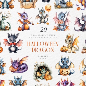 Clipart de dragón de Halloween en acuarela, adorable bestia con calabaza, criatura fantástica espeluznante, gráfico PNG transparente, uso comercial