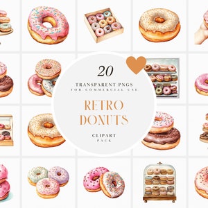 Aquarel retro donuts clipart, vintage donut shop, gebakken goederen, bakkerij, snoep, dessert, gebak, transparante png-afbeeldingen, commercieel gebruik