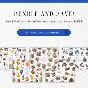 May include: An advertisement for digital art bundles. The image shows several watercolour illustrations of farm animals, flowers, quirky fruit, logs, and African parrots. Text includes "BUNDLE AND SAVE!" and "Etsy.com/shop/CedreStudio".