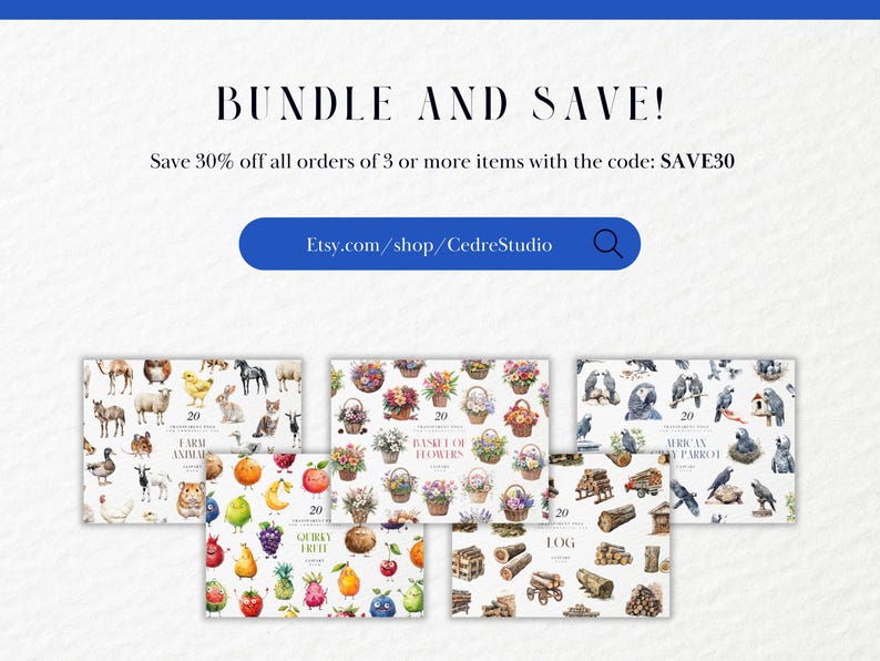 May include: An advertisement for digital art bundles. The image shows several watercolour illustrations of farm animals, flowers, quirky fruit, logs, and African parrots. Text includes "BUNDLE AND SAVE!" and "Etsy.com/shop/CedreStudio".