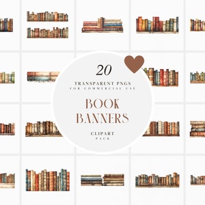 Könnte beinhalten: Ein Set mit 20 digitalen Clipart-Bildern von Aquarell-Buchbannern. Die Banner zeigen verschiedene Anordnungen von alten Büchern mit abgenutzten Rücken und bunten Einbänden. Die Bilder sind perfekt, um Ihren Designs einen Hauch von literarischem Charme zu verleihen.