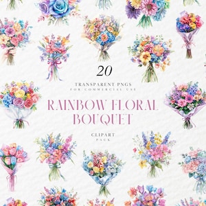 Clipart di bouquet floreale arcobaleno ad acquerello, mix di fiori selvatici colorati, composizione botanica primaverile, grafica PNG trasparente, uso commerciale