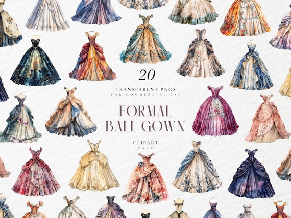 formal dress clip art Watercolor Ball Gown Clipart, Vintage Princess Silhouette, Quinceañera, Evening Style, Transparent PNG Graphics, Commercial Use All Mother Dress