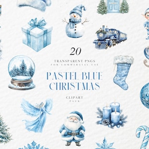 Puede incluir: Un conjunto de 20 imágenes de clipart de Navidad azul pastel. Las imágenes incluyen un muñeco de nieve, un tren, un cascanueces, una media, una bola de nieve, una corona, un bastón de caramelo, un trineo, una campana, un ángel, una vela, un copo de nieve, una caja de regalo, una puerta, un elfo y un Papá Noel.