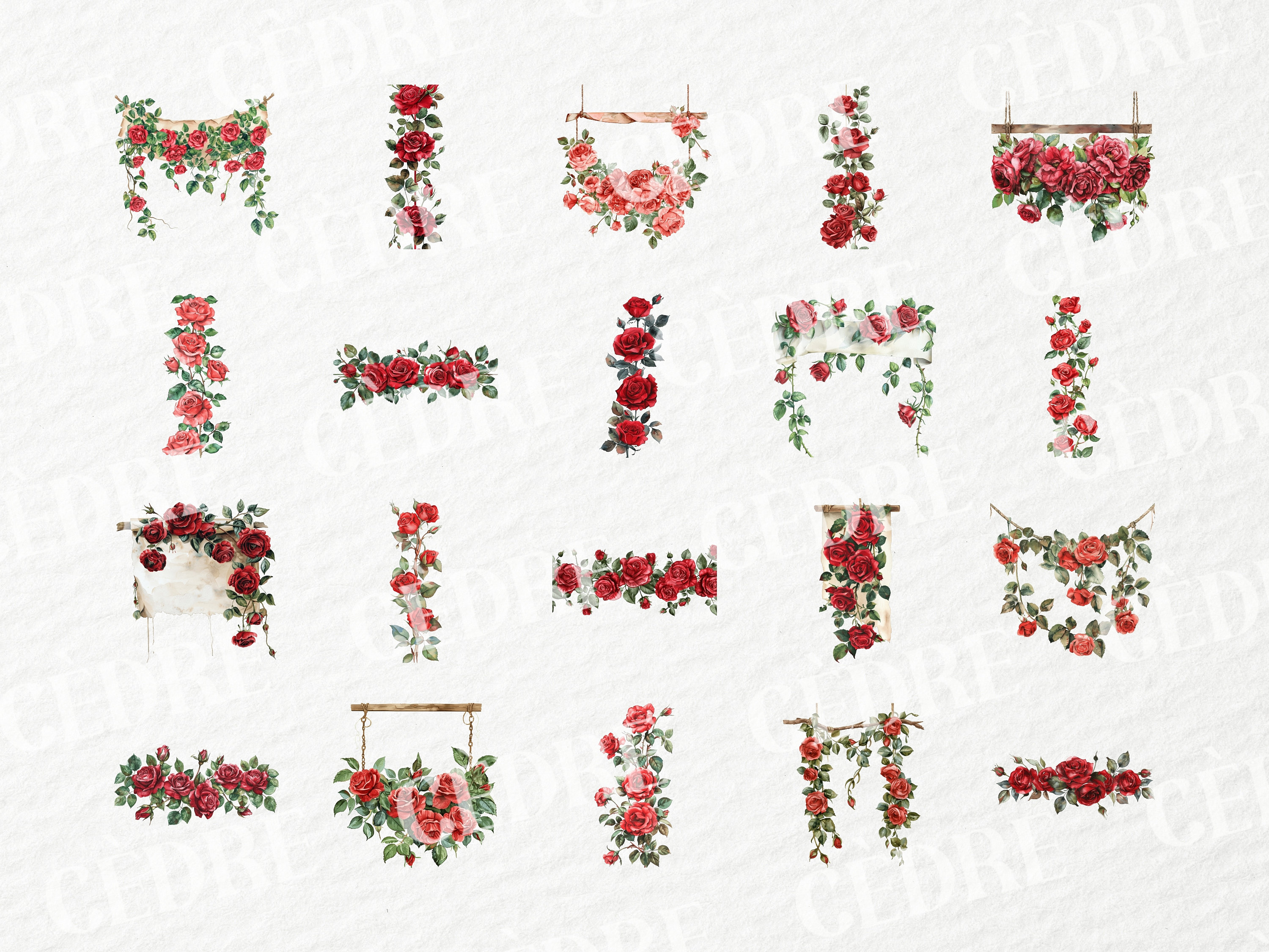 Watercolor Red Rose Banner Clipart, Red Roses Banners Clipart, Card ...