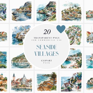 May include: A set of 20 watercolor illustrations of seaside villages. The illustrations feature colorful buildings, boats, and water. The text "20 Transparent PNGs for Commercial Use" and "Seaside Villages Clipart Pack" is included in the image.