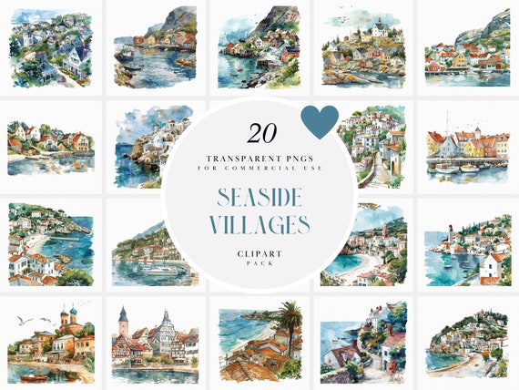 Watercolor Seaside Village Clipart, European Seaside Villages Clipart, Travelling Coastal Village Clipart, Transparent PNG, Commercial Use