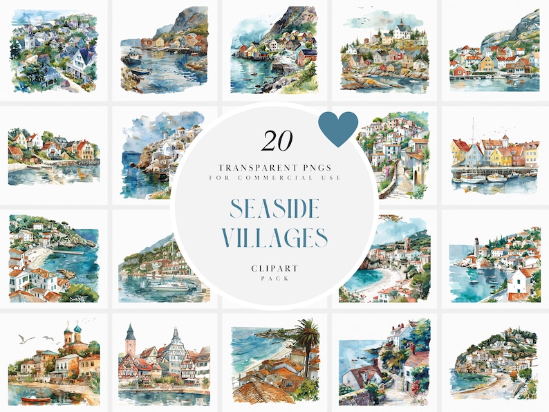 May include: A set of 20 watercolor illustrations of seaside villages. The illustrations feature colorful buildings, boats, and water. The text "20 Transparent PNGs for Commercial Use" and "Seaside Villages Clipart Pack" is included in the image.