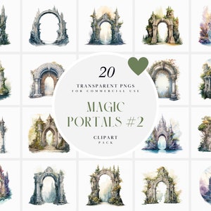 May include: Set of 20 watercolor illustrations of magical portals. Each portal is a unique design with stone arches, overgrown vines, and a glimpse of a fantastical world beyond. Perfect for digital scrapbooking, card making, and other creative projects.