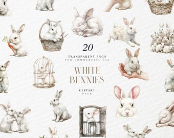 Watercolor White Bunny Clipart, Cute White Bunnies Clipart, Jumping, Adorable, Woodland, Animals, Wildlife, Transparent PNG, Commercial Use
