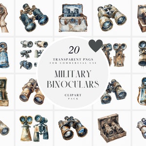 May include: A set of 20 watercolor illustrations of vintage military binoculars in various styles and colors. The illustrations are perfect for scrapbooking, card making, and other craft projects.